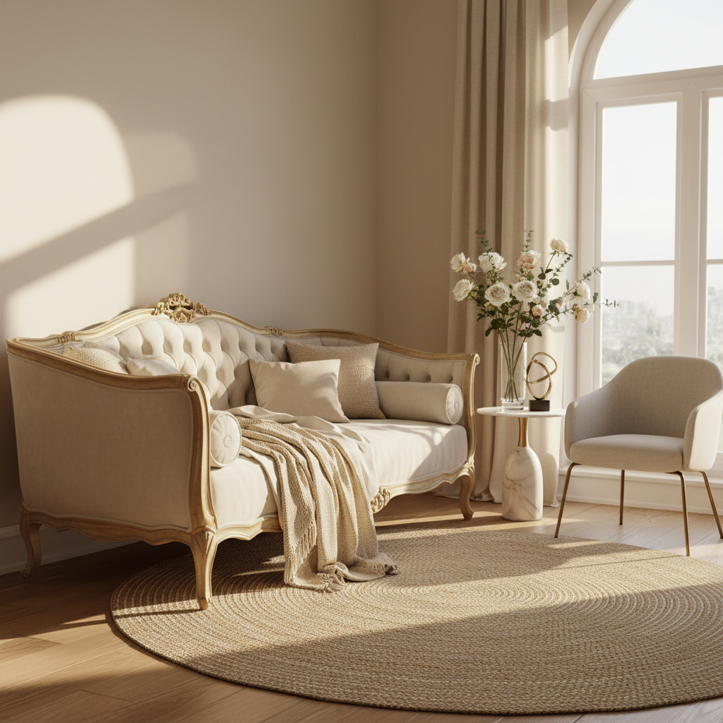a luxurious rococo-style bed with flowers in a sunlit, elegant living room