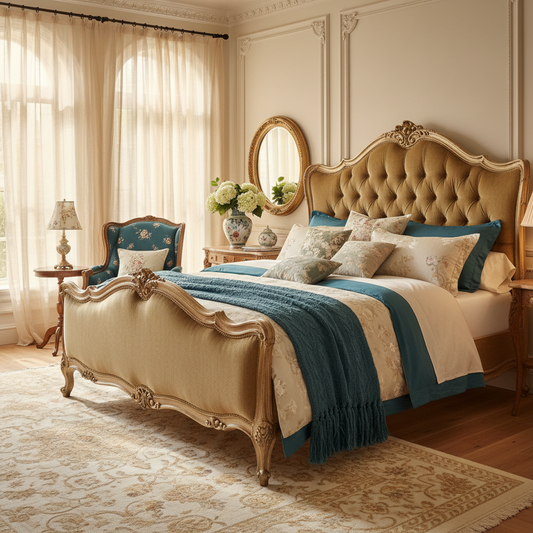luxurious rococo bed in a sunlit, elegant bedroom with soft floral accents
