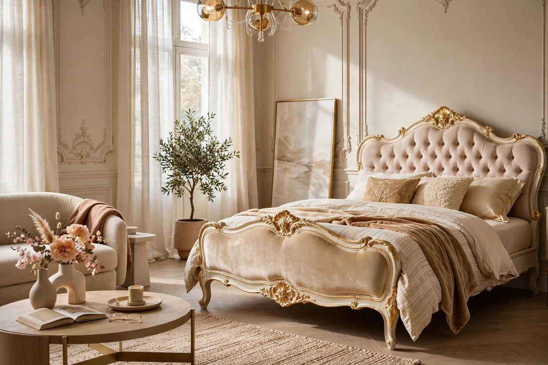 a luxurious bedroom scene with a rococo bed and elegant floral arrangements